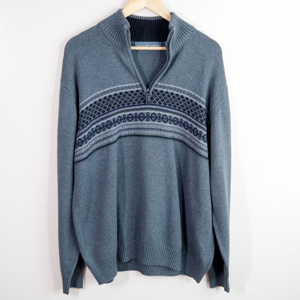 Oscar De La Renta Men's‎ Gray Fair Isle Quarter 1/4 Zip Cotton Sweater XL